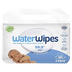 WaterWipes Original Baby Wipes, 180 Count (3 Packs), 99.9% Water-Based Wipes, Unscented, For Sensitive Skin, Packaging May Vary