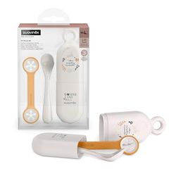 Suavinex, Conjunto colher e estojo porta-talheres e sutiã-babadores, para comer fora de casa, talheres para levar, com colher de aprendizagem, máquina de lavar louça, bebés + 4 meses, design
