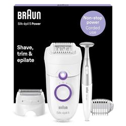 Braun Silk-épil 5 Power Epilator For Hair Removal with Electric Shaver Head & Bikini Trimmer, Corded Epilator with 28 Tweezers, Gifts for Women, 5-825, White/Purple