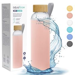 Aquafloow Borraccia con Custodia 700 ml in Vetro, Borosilicato Trasparente con Coperchio Protettivo e Tappo a Vite | Ideale per Lavoro, Scuola, Fitnes – Rosa