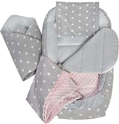 5 éléments Cocon de Bébé 100x60x15cm 100% Coton Baby Nest Medi Partners Reducteur de lit Bébés Oreiller Couverture Insert Amovible (Étoiles Grises avec Minky Rose Clair)