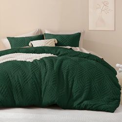 Litanika Juego de edredón Verde Esmeralda tamaño Queen, Juego de edredón de 3 Piezas de Color Verde Oscuro, Juego de Cama Bohemio copetudo de Granja, Juego de Cama Ligero y Esponjoso para Todas Las