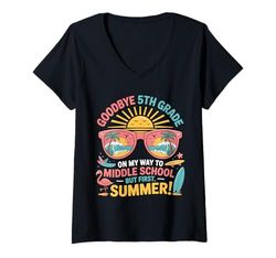 Donna Goodbye 5th Grade Middle School Summer Vacation for Kids Maglietta con Collo a V