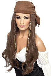 Smiffys Pirate Wig, Brown with Bandana, Beads and Charms, Pirate Fancy Dress, Pirate Dress Up Wigs