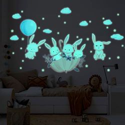 Ambiance Sticker Phosphorescent Lumineux Autocollant Mural Plafond Enfant Fluorescent Lapins dans le Ciel - H175 x L110 cm