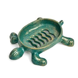 Sungmor Jabonera drenable de Hierro Fundido Resistente, Bonita Forma de Tortuga y Acabado Verde Antiguo y Dorado, Bandeja de jabón para Fregadero de Cocina, baño, práctico y Decorativo