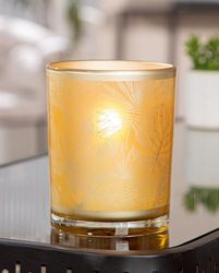 Pack of 8 Lantern, cylindrical, Leaf motif, Glass, gold-colored, PU 8, H. 13 cm, D. 10 cm