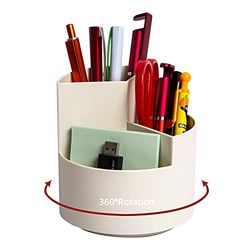 Desk Pencil Pen Holder, 3 Slots 360-Degree Spinning Pencil Pen Desk Organizers, Desktop Storage Pen Organizers Stationery Supplies, Cute Pencil Cup Pot for Office, School, Art Supply, Kids - White