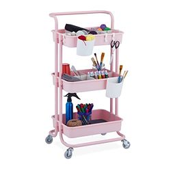 Relaxdays Carrito Auxiliar, 3 Niveles, Multiusos para Cocina y Oficina, Camarera 86 x 43 x 34 cm, Metal y Plástico, Rosa, Fieltro