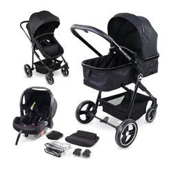 Mobiclinic® Kids, Kinderwagen + Wieg + Autostoeltje, 3-in-1, Darky, I-Size-regelgeving, Opvouwbaar, Muggennet, Voetenzak en Regenhoes, UV50+ Filter, Enkelhandig te bedienen, Mand, Voetrem, Tot 13 kg