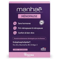 Vitavea Manhaé - Ménopause - Complément alimentaire ménopause sans hormones - Acide folique, Oméga 3, Zinc, Fer - 60 capsules - Violet - 2 mois - Fabriqué en France