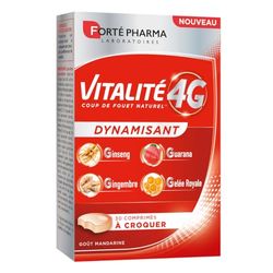 Forté Pharma - Vitalité 4G Dynamisant à croquer - Complément alimentaire Energie adulte, dès 18 ans - Ginseng, Gingembre, Guarana, Vitamine C - 30 comprimés goût Mandarine, 1/jour