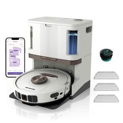 Shark PowerDetect Robot Vacuum and Mop with 60-Day Self-emptying and Cleaning Base - 3D LiDAR Navigation - Wi-Fi/App - 3 Anti-microbial Pads, 1 Odour Cartridge and 2 Brushes Incl. - White