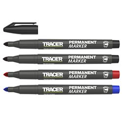 Tracer Fine-Point - Kit di marcatura permanente (1-2 mm Bullet Point per uso generico con inchiostro ad asciugatura rapida) - rosso, blu, 2 x nero