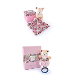 Doudou et Compagnie Lot BOH'AIME : Pantin Faon avec Doudou 12cm Beige + Boîte à Musique Faon 20cm Rose - Boîtes Cadeaux Fleur - pour Bébé Fille/Garçon - Garantie Doudou Perdu - DC4017 + DC4022
