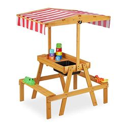 Relaxdays Ensemble Table Chaise, Banc avec Espace de Jeux, Protection Solaire, extérieur, Boue, en Bois HlP 110x65x83cm