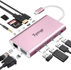 Tymyp Concentrador USB C, Adaptador Ethernet 11 en 1 USB C con HDMI 4K, VGA, 100 W PD, Ethernet, SD/TF, 4 USB A, Adaptador USB C para MacBook Pro, Surface Pro y Dispositivos más Tipo C