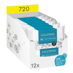Lingettes toilettes LILLYDOO, 720 pièces (12 x 60), jetables dans les WC, tissu 100% sans plastique et sans parfum