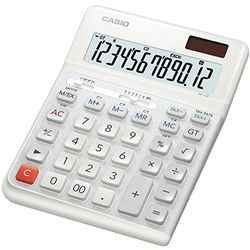 Casio Calcolatrice da tavolo ergonomica DE-12E-WE, 12 cifre, tastiera design scale, battute verticali, calcolo tasse, conversione valuta, cambio segno, funzionamento solare/batteria