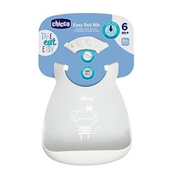 CHICCO Easy Roll slabbetje van zachte siliconen, praktisch, waterdicht, gemakkelijk te reinigen, verstelbare kraag, met grote zak, 6 maanden, grijs