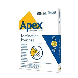 Fellowes Apex A4 Laminating Pouches, Glossy Finish, 100 Sheets - Standard - Ideal for Notices, Photos, Creatives, Certificates and Everyday Use