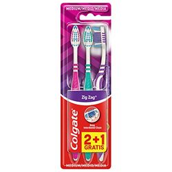 Colgate ZigZag Escova de dentes dureza média, conjunto de 3 unidades, limpeza interna profunda, limpador de línguas, elimina bactérias causadoras de mau hálito, conforto e suavidade das gengivas