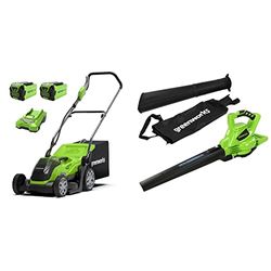 Greenworks 40V Cordless Lawn Mower 35cm (14") with 2x 2Ah batteries and chager - 2501907UC & Greenworks 40V Cordless Brushless Blower - Battery and charger not included - 24227