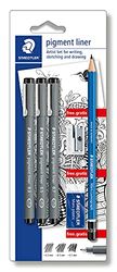 STAEDTLER 308 SBK3P Pigment Liner Fineliner Pen - Assorted Fineliners, HB Pencil, Sharpener & Eraser (Blistercard of 6 Pieces)