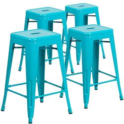 Flash Furniture Juego de 4 taburetes de altura de encimera, grado comercial, 61 cm, sin respaldo, metal, para interiores y exteriores, asiento cuadrado, acero galvanizado, plástico, cristal-turquesa