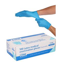 CMT Guantes de látex con polvo, color azul, talla grande (8-9), 100 unidades por dispensador, 1000 unidades por caja