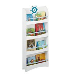 Relaxdays bibliothèque Enfants, HLP : 124 x 50,5 x 15 cm, 4 étagères, MDF, Range-Livres Marin pour Enfants, Blanc/Bleu
