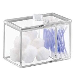 iDesign Caixa de arrumação com tampa, dispensador de algodão resistente e cotonetes em plástico, frasco de algodão para casa de banho com dois compartimentos, transparente
