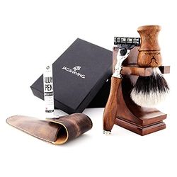Jag Shaving - Set da barba sostenibile, 4 pezzi, in legno, setole sintetiche, setole argentate, 3 lame, rasoio, supporto per rasoio, custodia in pelle per rasoio