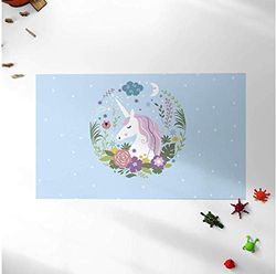 Oedim Kindervloerkleed met eenhoornmotief, blauwe ondergrond voor kamer, PVC, 95 x 133 cm, pvc-tapijt, vinyl vloer, decoratie voor huis, sintasolvloer, kinderbeveiliging