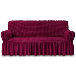 NICEEC Funda para sofá, 1 Pieza, fácil de Ajustar, Universal, Alta Elasticidad, Duradera, Protector de Muebles con faldón, Estilo campestre (3 plazas, Rojo Vino), Grande
