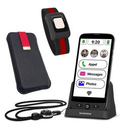swissvoice - Smartphone S510-C + Pulsera SOS + Funda Protectora + Base de Carga + Cadena para teléfono móvil - Botones Grandes - Botón SOS con localización GPS - Smartphone Senior 4G - Negro/Rojo