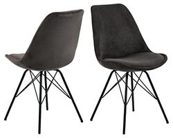 AC Design Furniture Emanuel Cord-eetkamerstoel met rugleuning, set van 2, gestoffeerde eetkamerstoel in tijdloos elegante stijl, antracietkleur, gevoerde stoffen zitting met zwarte metalen poten