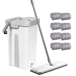 Set mocio e secchio, mocio piatto in microfibra per bagnato e asciutto, con manico in acciaio inox, secchio a doppia camera, adatto per tutti i pavimenti, colore: bianco