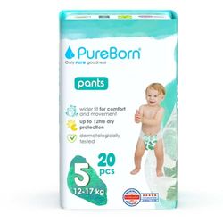 PureBorn Pieluchomajtki Baby Pants, Rozmiar 5 (12-17 kg), 20 Sztuki, Doskonała Ochrona i w Dzień i w Nocy, Wyjątkowo Miękkie, Przyjazne dla Skóry, Testowane Dermatologicznie