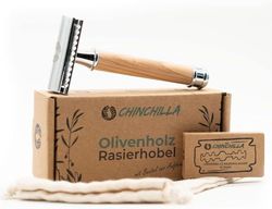 Chinchilla® Maquinilla de afeitar de madera de olivo y metal + 50 cuchillas de afeitar | maquinilla de afeitar en húmedo sostenible para hombre y mujer | Incluye bolsa | Zero Waste & plastikfrei