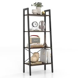 COSTWAY Boekenkast, rek met 4 niveaus, houten ladderrek, met kantelbeveiligingen en verstelbare voetkussens, metalen frame, voor woonkamer, werkkamer en kantoor (grijs eiken)