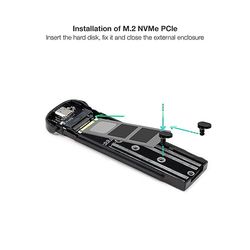 Caja externa M.2 NVMe USB 3.1 Gen 2 de aluminio negra, ideal para ampliar almacenamiento y transferir datos rápidamente.