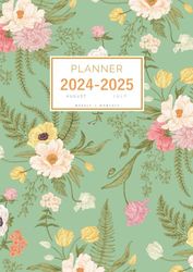 Planner August 2024-2025 July: A4 Weekly and Monthly Organizer | Vintage Peony Fern Tulip Design Green