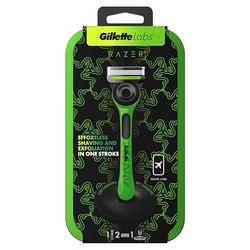 Gillette Labs con barra exfoliante, edición limitada Razer, maquinilla de afeitar y estuche de viaje para almacenamiento sobre la marcha, 1 asa, 2 cuchillas, soporte, verde, 2 unidades