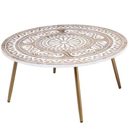 DRW Salontafel met houtsnijwerk en metalen poten in wit en goud, 90 x 90 x 42 cm