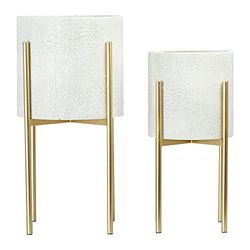 Main + Mesa Modern Boho Embossed Metal Planters with Stands, White and Gold, Set of 2 Sizes