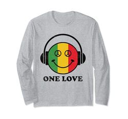 One Love Rasta Reggae Auriculares Peace Smile Face Rastafari Manga Larga