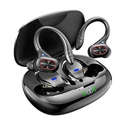 StrawExpert Auriculares Inalámbricos Deportivos, Auriculares Bluetooth Reducción de Ruido, Cascos Inalámbricos Bluetooth con Microfono, Carga Rápida USB-C Pantalla LED 48Hrs de Reproducción, Negro