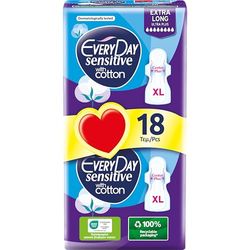 EveryDay Sensitive XL, Filtrant avec Coton, Serviettes Hygiéniques Extra Longues avec Ailettes, Flux très Abondant, 18 Unité