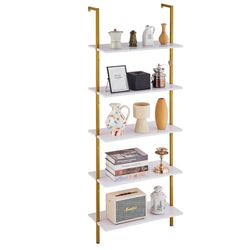 VEVOR Ladder Shelf, 5-Tier Bookshelf 24x11.8in, Open Wall-Mounted Ladder Shelf with Metal Frame,Storage Rack Sundries Holder for Kitchen Bedroom Bathroom Living Room, Gold White